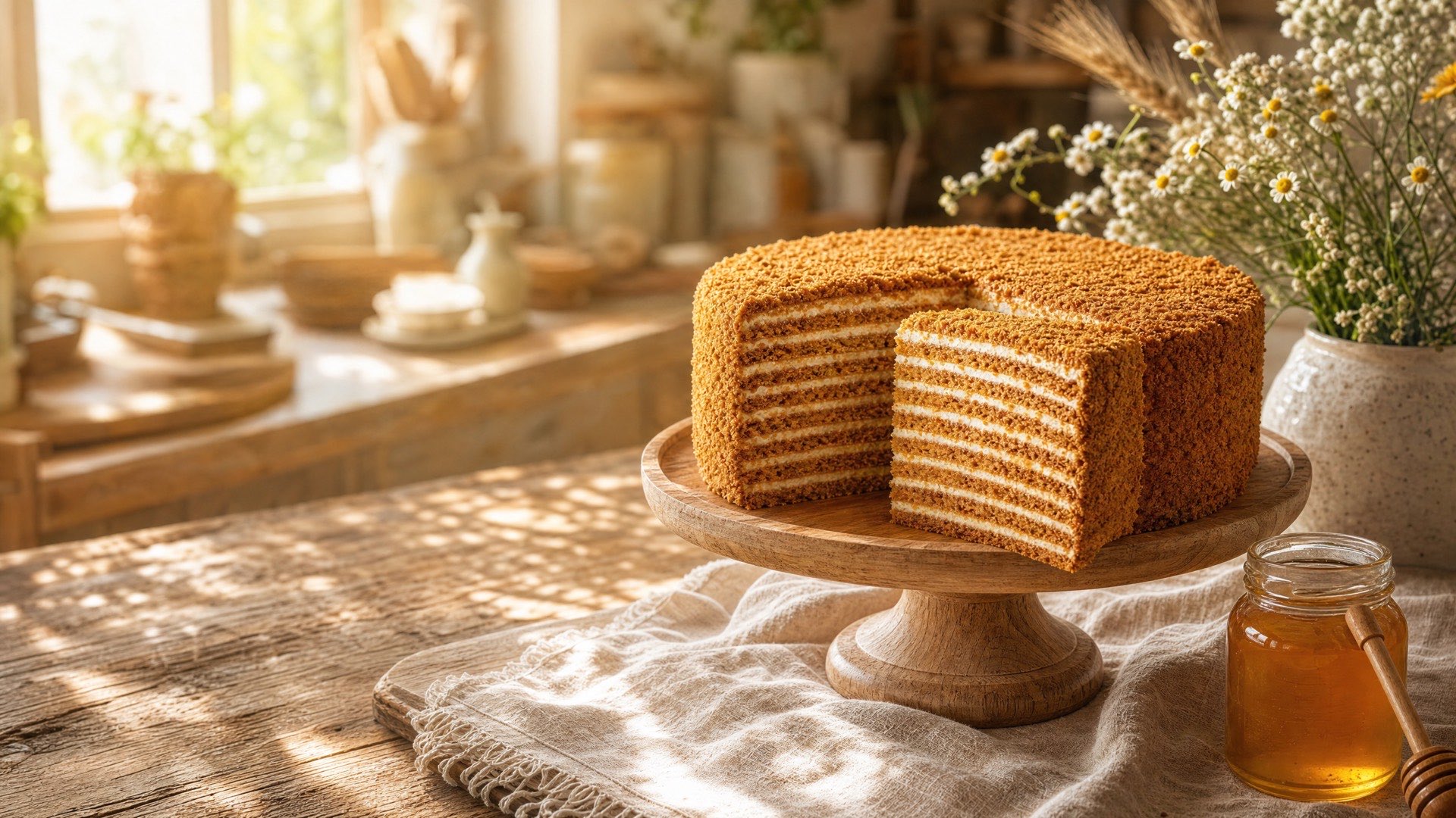 A honey layer cake from Dastarkhan, one slice cut to show the golden layers, in a sunlit kitchen